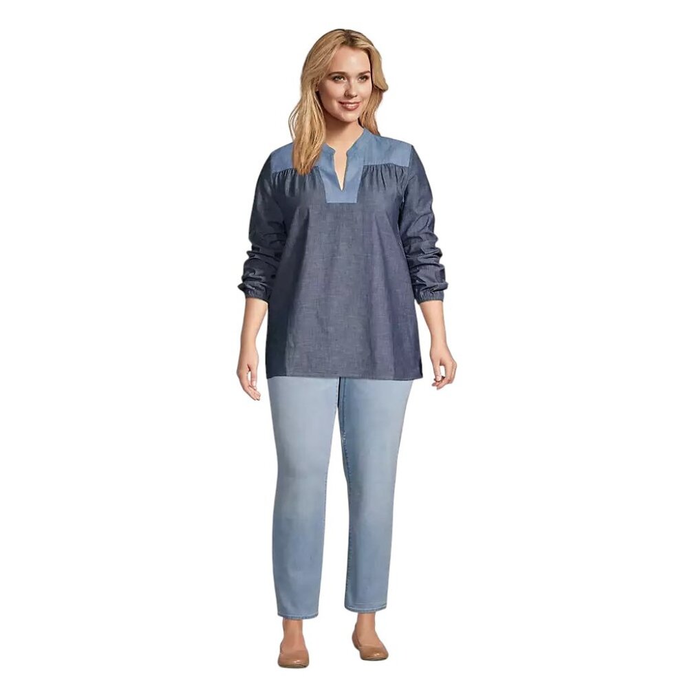 Lands' End Chambray Mix Peasant Tunic Top NWT
